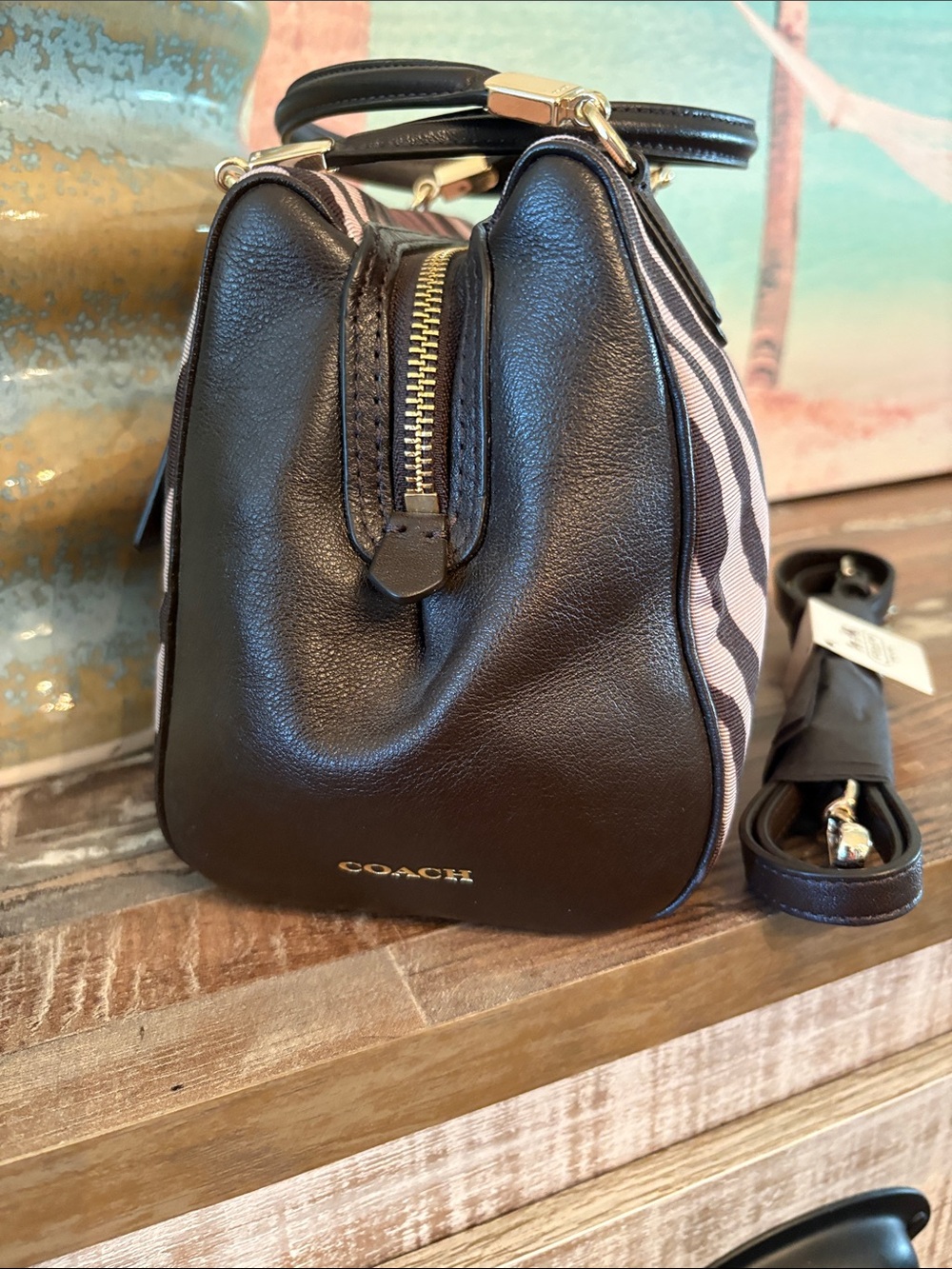 Rare COACH Tan and Brown Zebra-Print Satchel with Leather Trim like new - Picture 5 of 12
